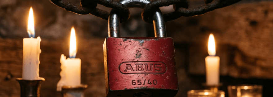 Rusty metal chain with red ABUS padlock and lit candles around