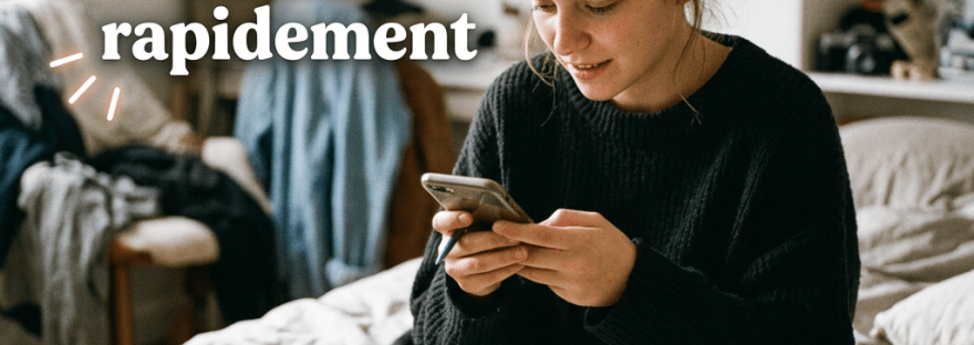 Young woman sitting on bed reading from phone with notebook open