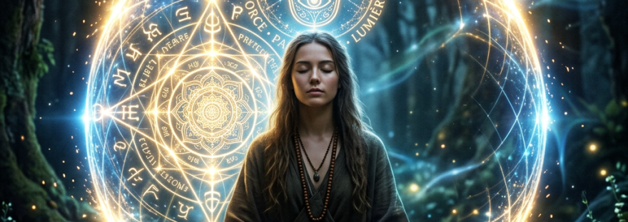 Woman meditating cross-legged enclosed in a glowing sphere with spiritual symbols and hand icon.
