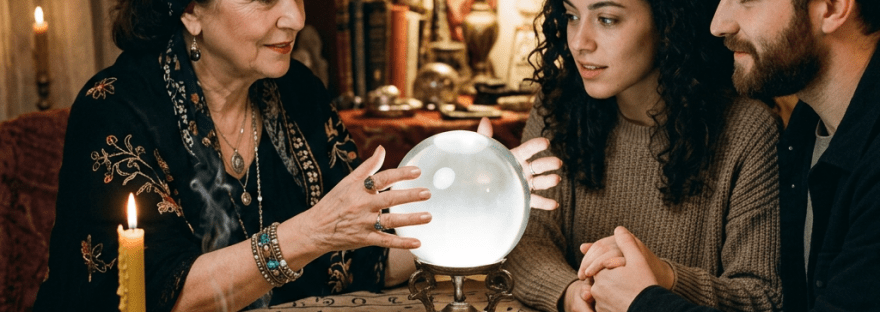 Fortune teller with crystal ball and tarot cards consulting a couple