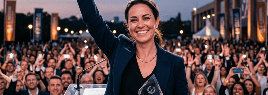 Woman holding Leadership Award trophy and raising fist in front of cheering crowd