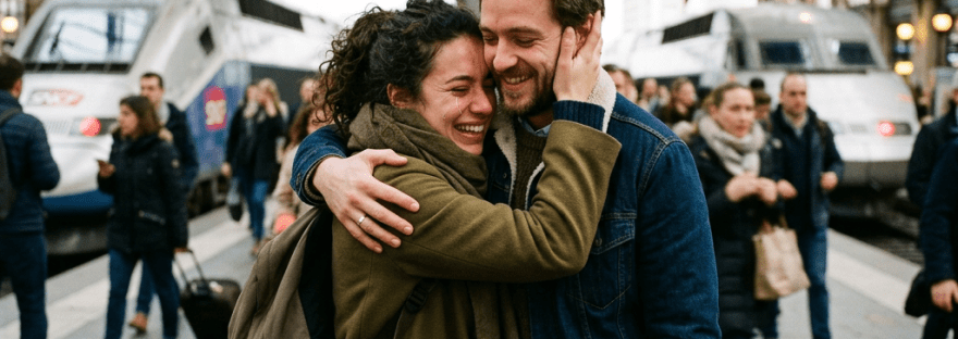 Couple se retrouvant avec émotion