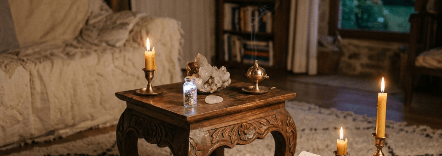 Woman holding a small bottle beside candles, herbs, crystals, and an open journal