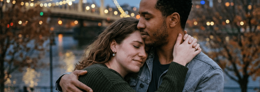 Couple embracing beside a river with illuminated bridge at dusk