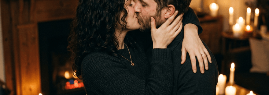 Couple embracing and kissing in a candlelit living room